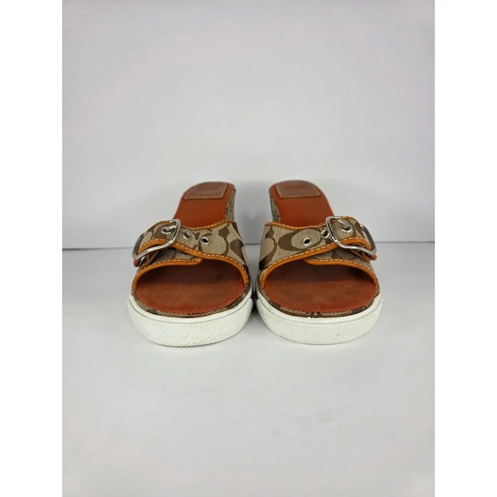 Coach Alyssa Wedge Sandals Womens 8.5 B Brown Canvas Monogram Buckle C Logo